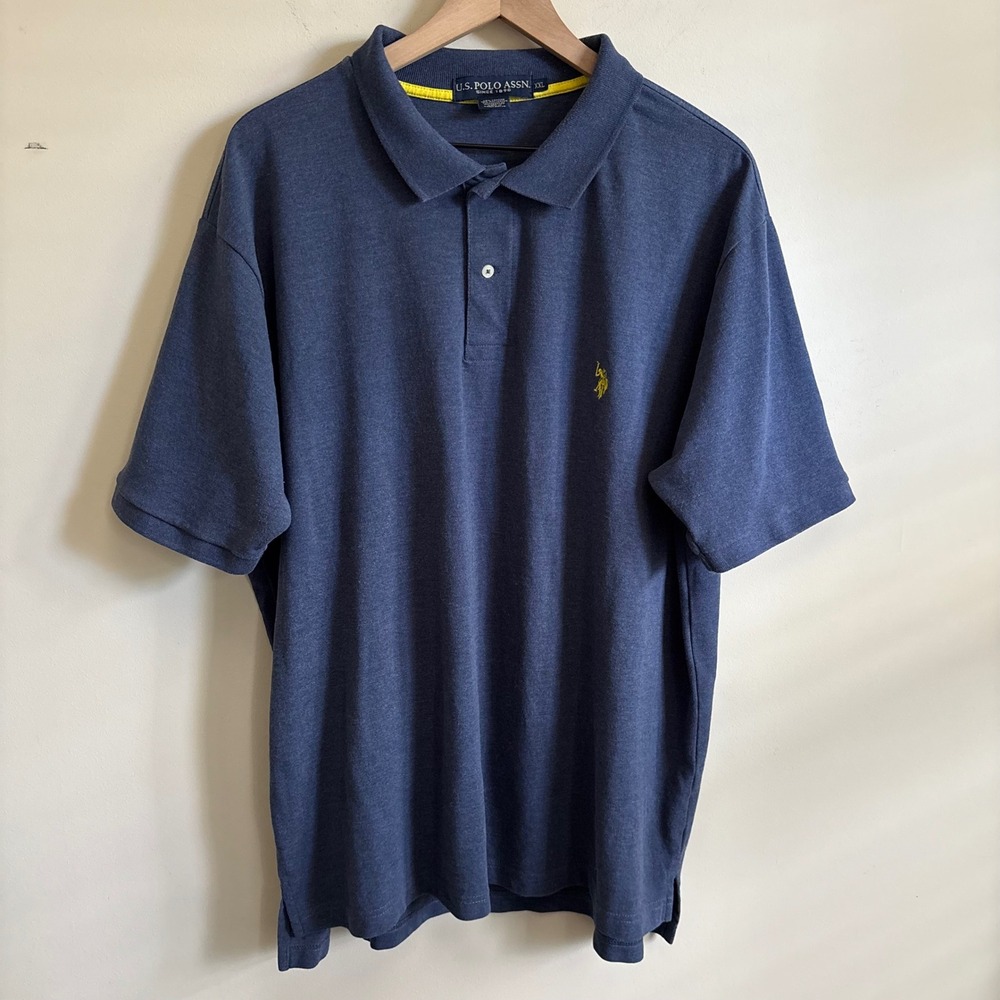 US Polo Assn Mens XXL Blue Short Sleeve Heathered Polo Shirt Yellow Logo